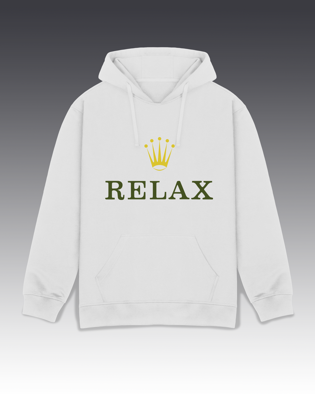 DIYANYONE Original "RELAX" Crown Hoodie - Heavyweight Cotton Blend Pullover, Luxury Parody Wellness Graphic Hoodies