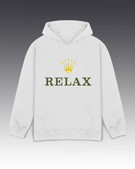 DIYANYONE Original "RELAX" Crown Hoodie - Heavyweight Cotton Blend Pullover, Luxury Parody Wellness Graphic Hoodies