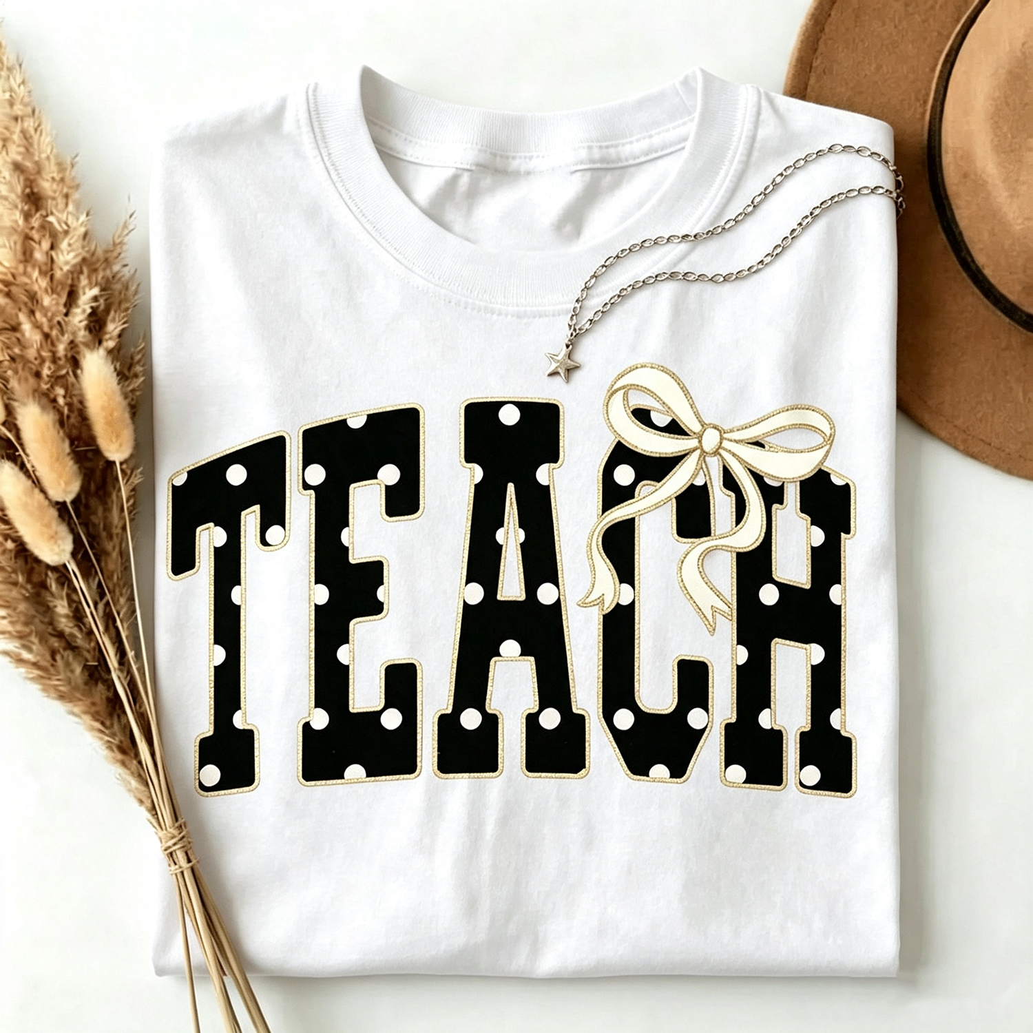 Teach Polka Dot Bow Graphic T‑Shirt for Women, Cute Retro Casual Crewneck Short Sleeve Tee, Teacher Appreciation Gift Top