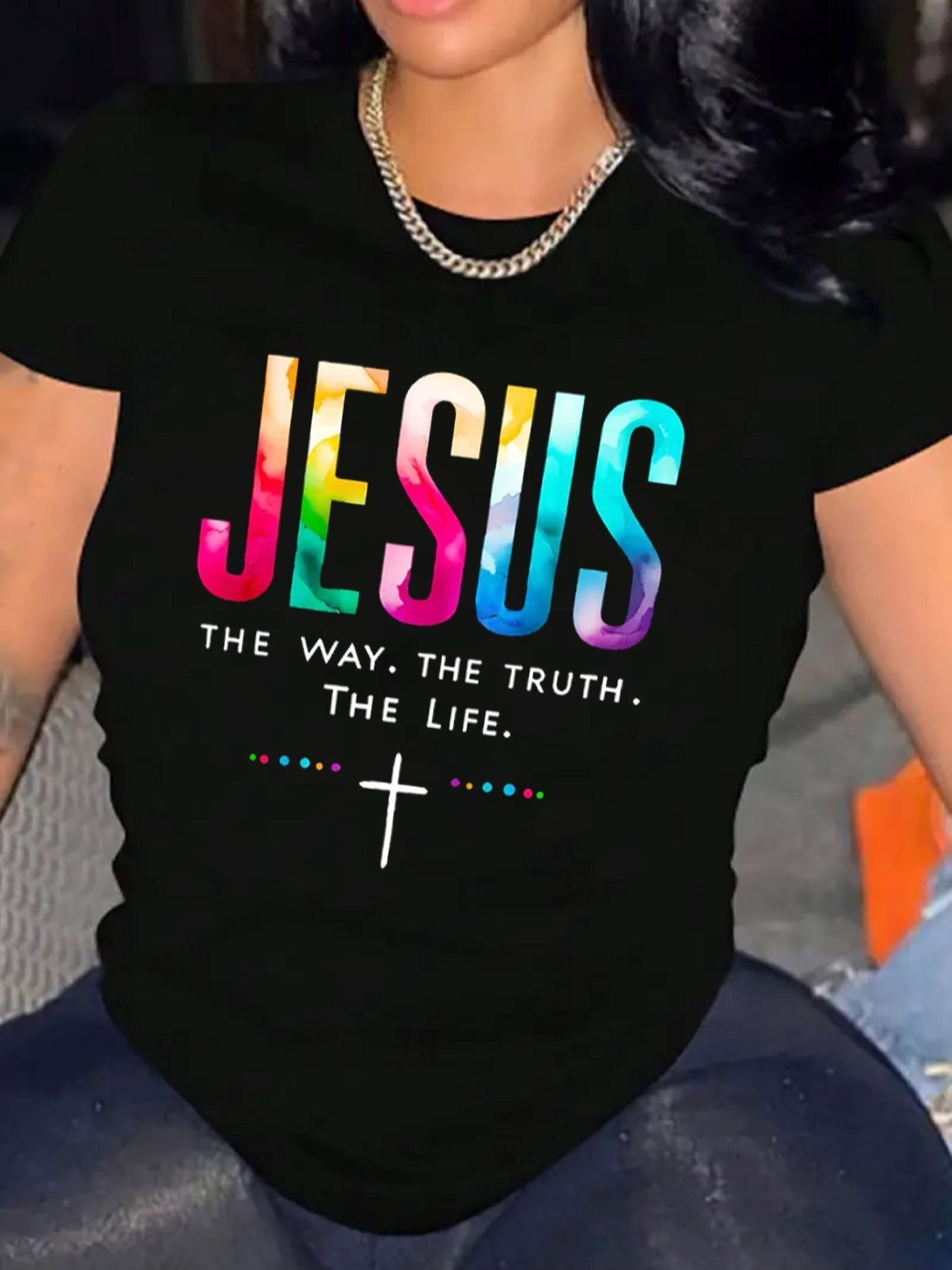 Women Religious Belief Printed T‑Shirt, Vibrant Jesus Quote Cross Graphic Crew Neck Short Sleeve Everyday Top