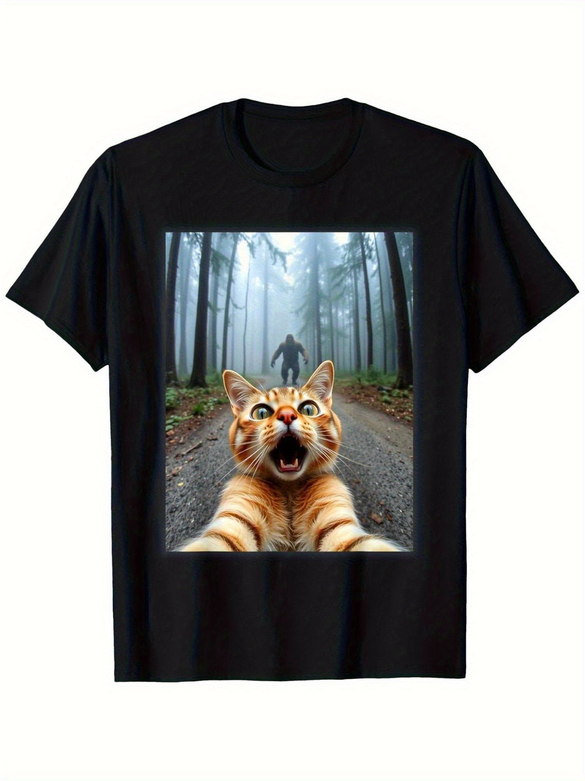 Men'S Funny Cat Selfie & Sasquatch Graphic Tee, Crew Neck Short Sleeve, Weekend Casual Wear, Summer All-season Casual Wear