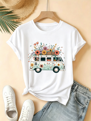 Vintage Camper Van T-Shirt Women's Boho Floral Graphic Tee Retro Flower Power Bus Shirt Casual Short Sleeve Top