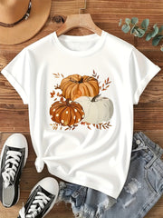 Autumn Pumpkin Pattern Print + Short Sleeves + Round Neck T-Shirt 100%Cotton Women Men Tshirt thanksgiving Halloween T-shirt