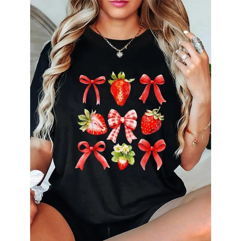 100% Cotton Strawberry Coquette Bow Strawberries Festival Girls Women T-Shirt Casual Short Sleeve Shirt