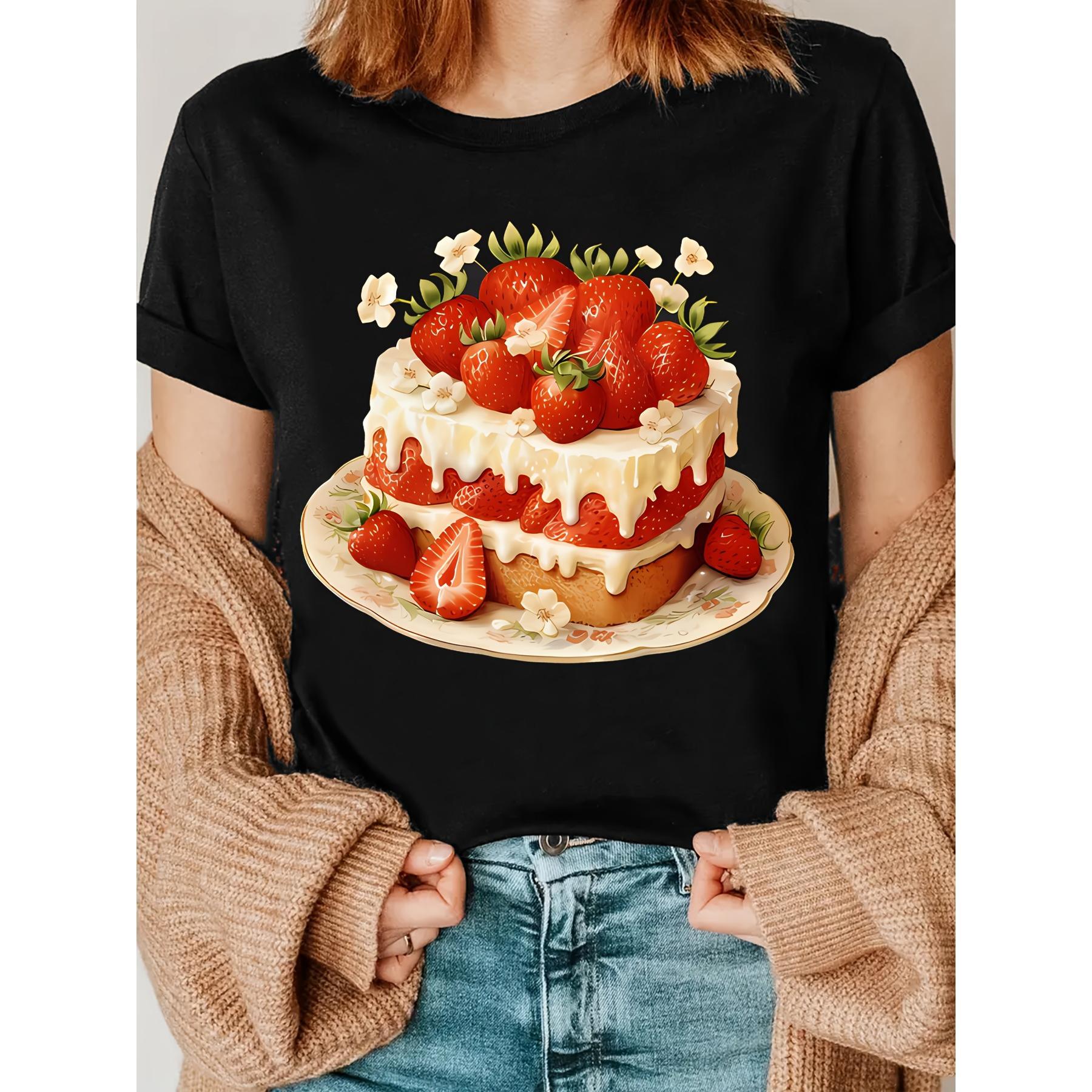 Strawberry Cake Printed T-Shirt, Y2K Style Tee, a Shirt for Dessert Lovers, Baking T-Shirt, a Gift for Strawberry Cake Enthusiasts