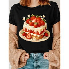Strawberry Cake Printed T-Shirt, Y2K Style Tee, a Shirt for Dessert Lovers, Baking T-Shirt, a Gift for Strawberry Cake Enthusiasts