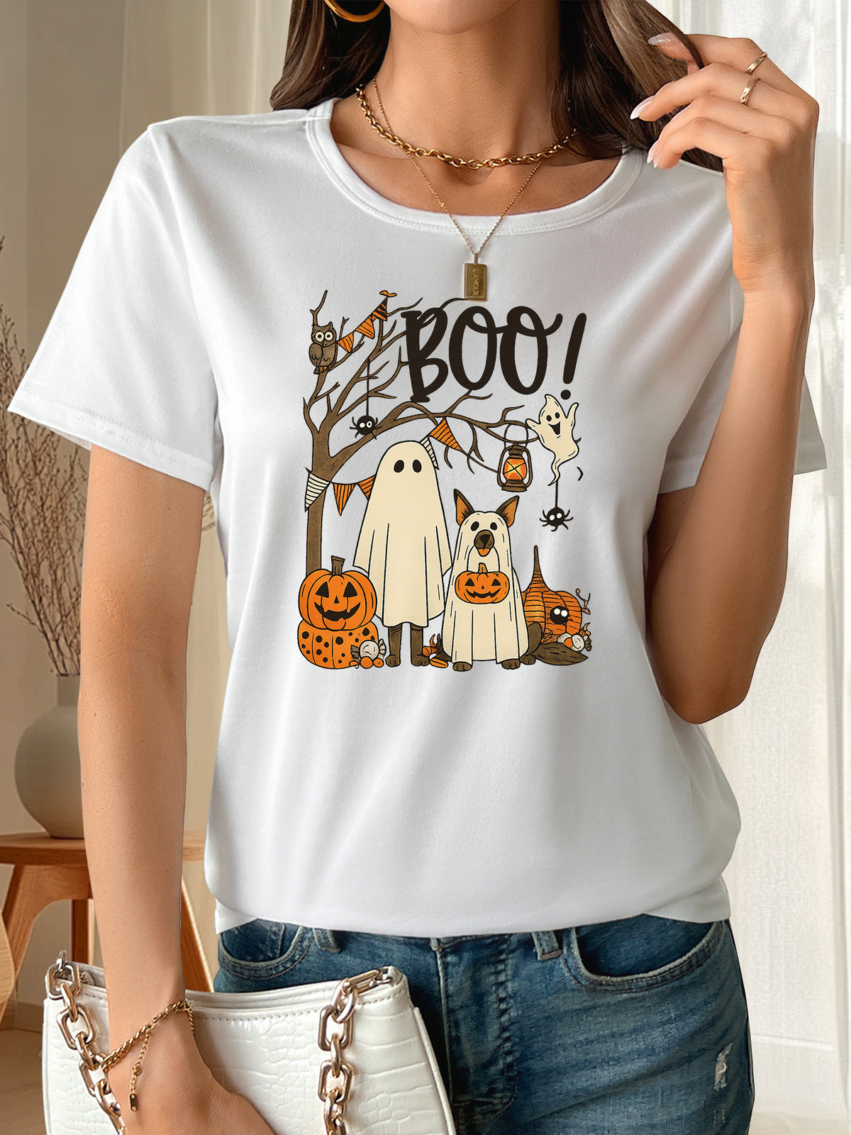 Boo! T-Shirt Halloween Ghost Dog Cute Pumpkin Tee