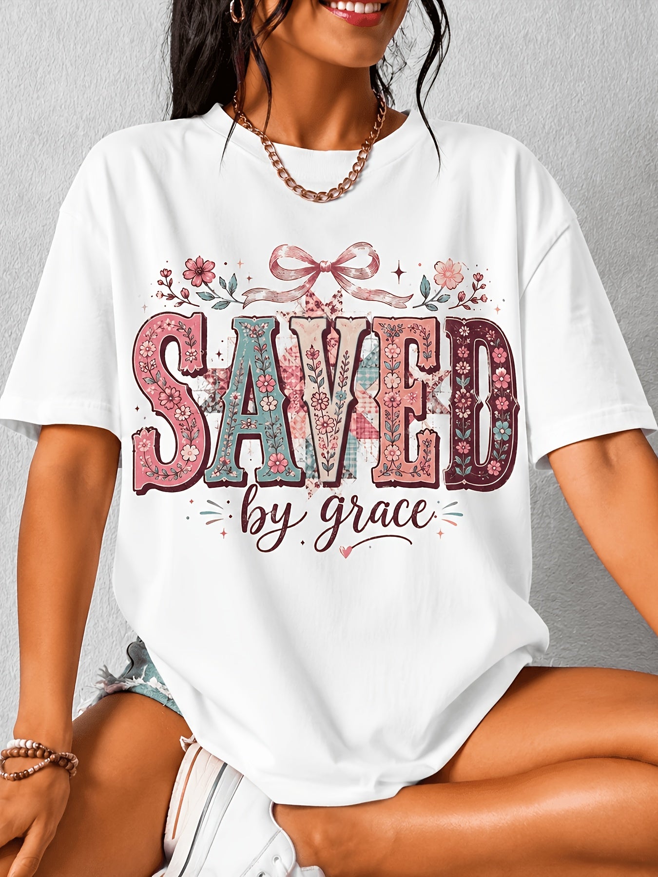 Womens Saved By Grace T-Shirt Christian Faith Floral Cross Tee Religious Gift