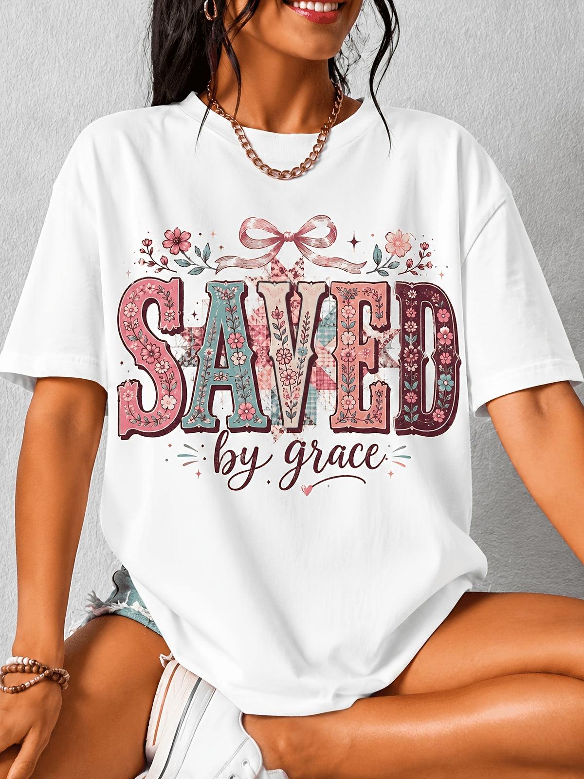 Womens Saved By Grace T-Shirt Christian Faith Floral Cross Tee Religious Gift