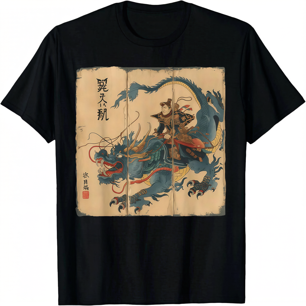 Men's Samurai Riding Dragon Graphic T-shirt 100% Cotton
