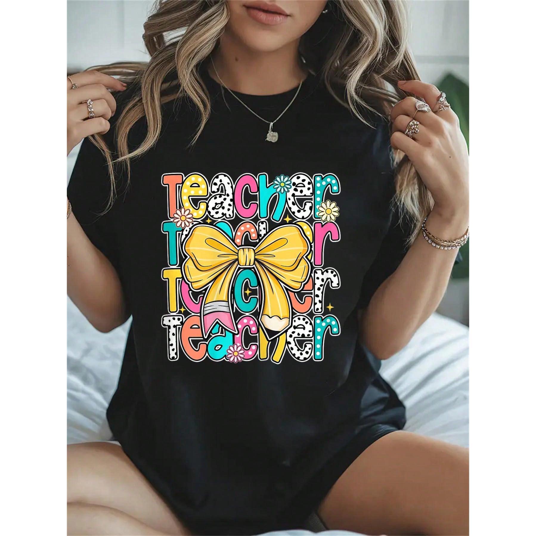 100% Cotton Groovy Teach Coquette Bow Teacher Women Girls Back To School T-Shirt Women's Men's Streetwear Graphic Tee Black Crew Neck Vacation Tops