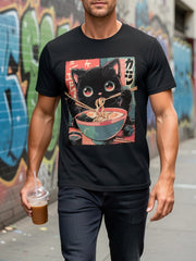 Men's & Women's Cute Cat Eating Ramen Anime T-Shirt - Japanese Kitten & Ramen Bowl Graphic