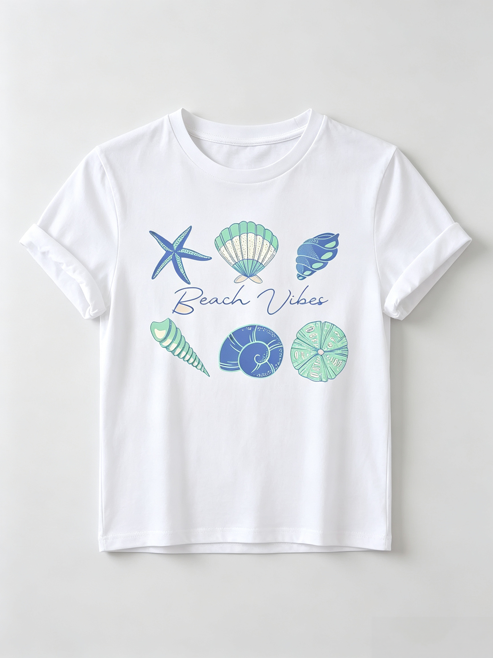 Beach Vibes Graphic T-Shirt - Casual White Tee with Rolled-Up Sleeves, Colorful Sea Creatures Design Including Starfish and Shells, Perfect Summer Top