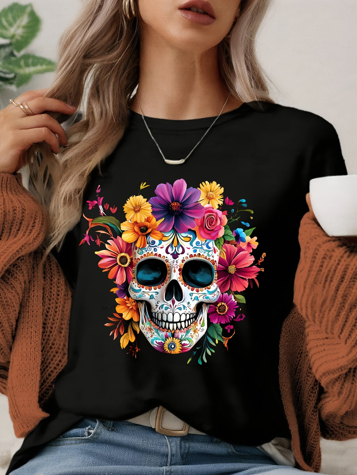 Casual Women'S T-Shirt, Halloween Print Round Neck Short Sleeve Top Flower and skull graphic T-shirt Halloween Gift，Women Clothing