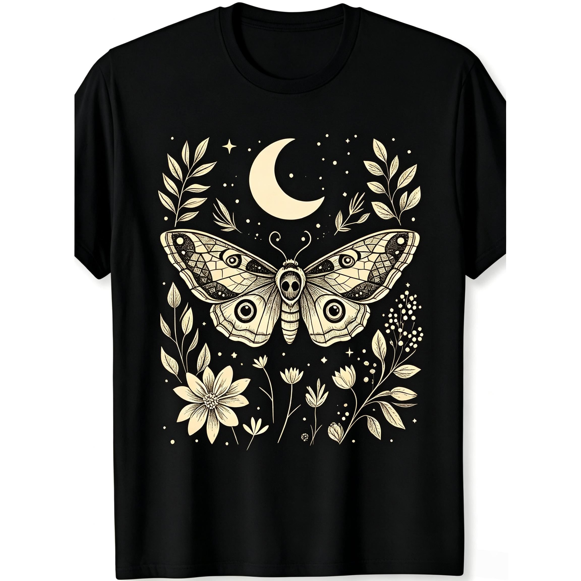 Men'S Bohemian Moth Celestial & Stars T-Shirt Soft Black Relaxed Fit Tee - Gothic Grunge Witchy Top for Halloween, Festivals, Daily Wear - Machine Washable, Vintage Style, Comfortable Material, Statement Item, Festival Attire