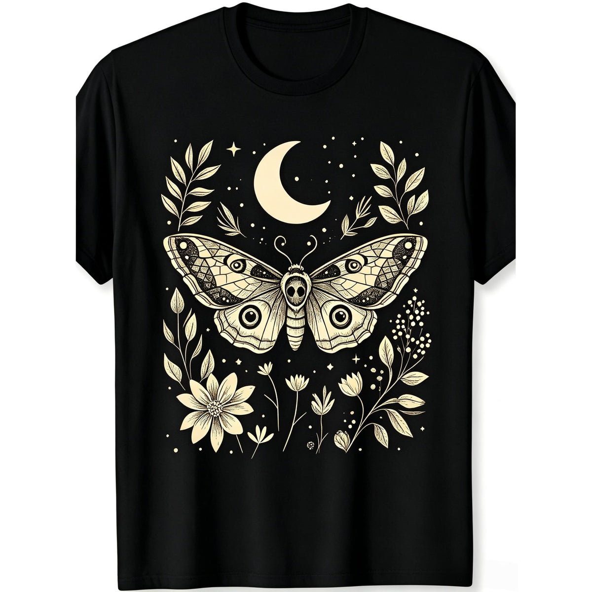 Men'S Bohemian Moth Celestial & Stars T-Shirt Soft Black Relaxed Fit Tee - Gothic Grunge Witchy Top for Halloween, Festivals, Daily Wear - Machine Washable, Vintage Style, Comfortable Material, Statement Item, Festival Attire