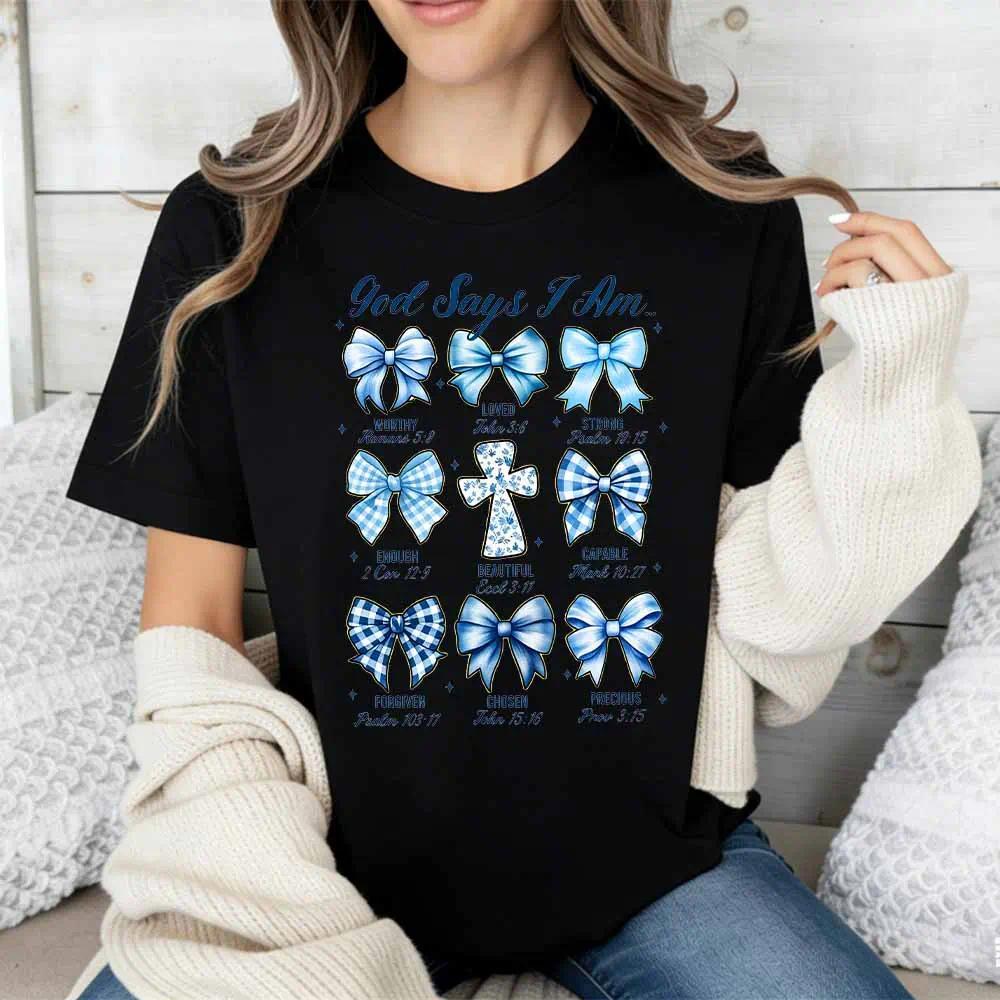 Women Short Sleeve T Shirt God Says I Am With Blue Bow And Bible Verses Print Casual Comfortable For Everyday Wear And Light Activities