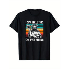 Women's Christian Cotton Short Sleeve Round Neck T-Shirt - Funny Natural Religious Saying "I Sprinkle This On Everything" - Black Tee with Retro Jesus Design - for Church, Sports Outfits