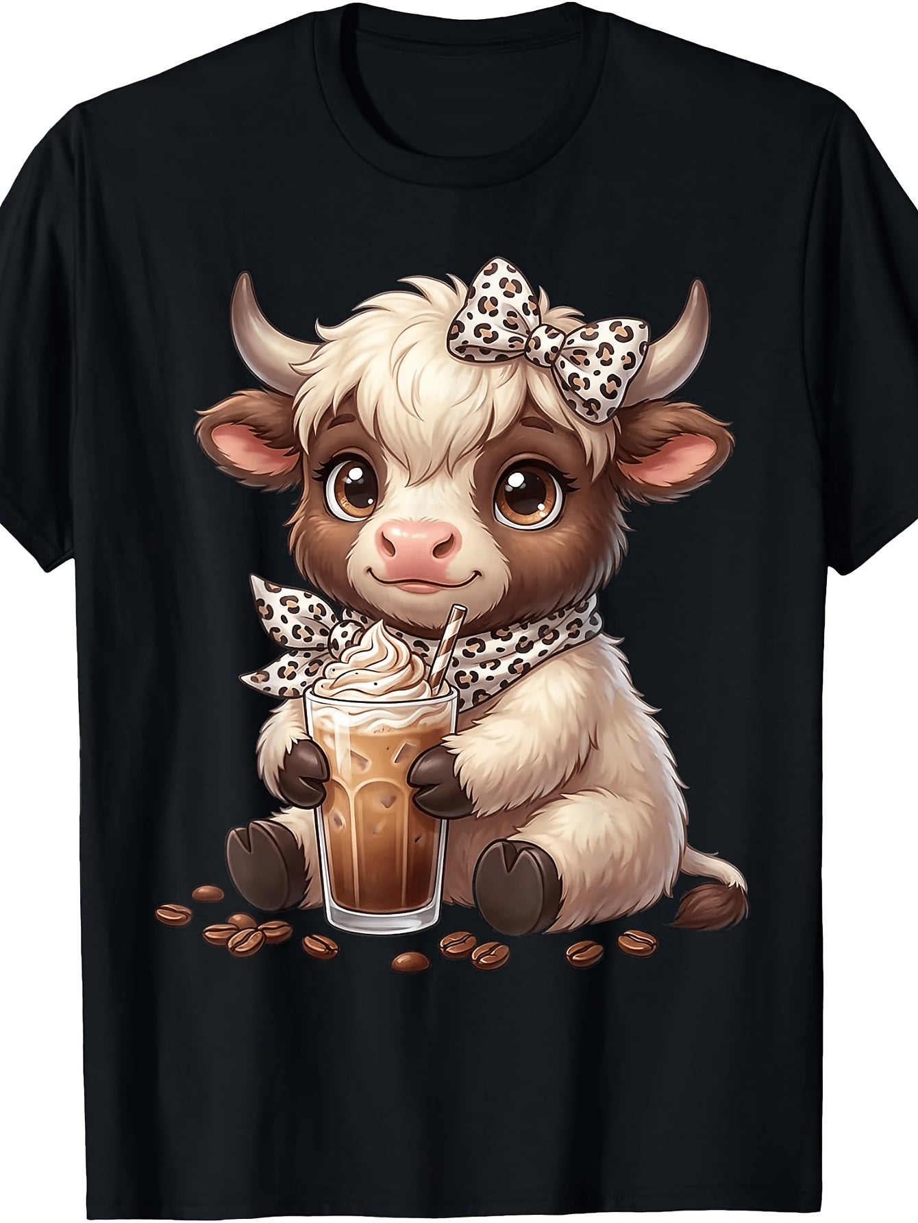 Cute Scottish Highland Cow Leopard Bow Iced Coffee Graphic T-Shirt, Unisex Cotton Crew Neck Short Sleeve Tee, Funny Farm Animal Casual Novelty Shirt, Gift For Cow And Coffee Lovers