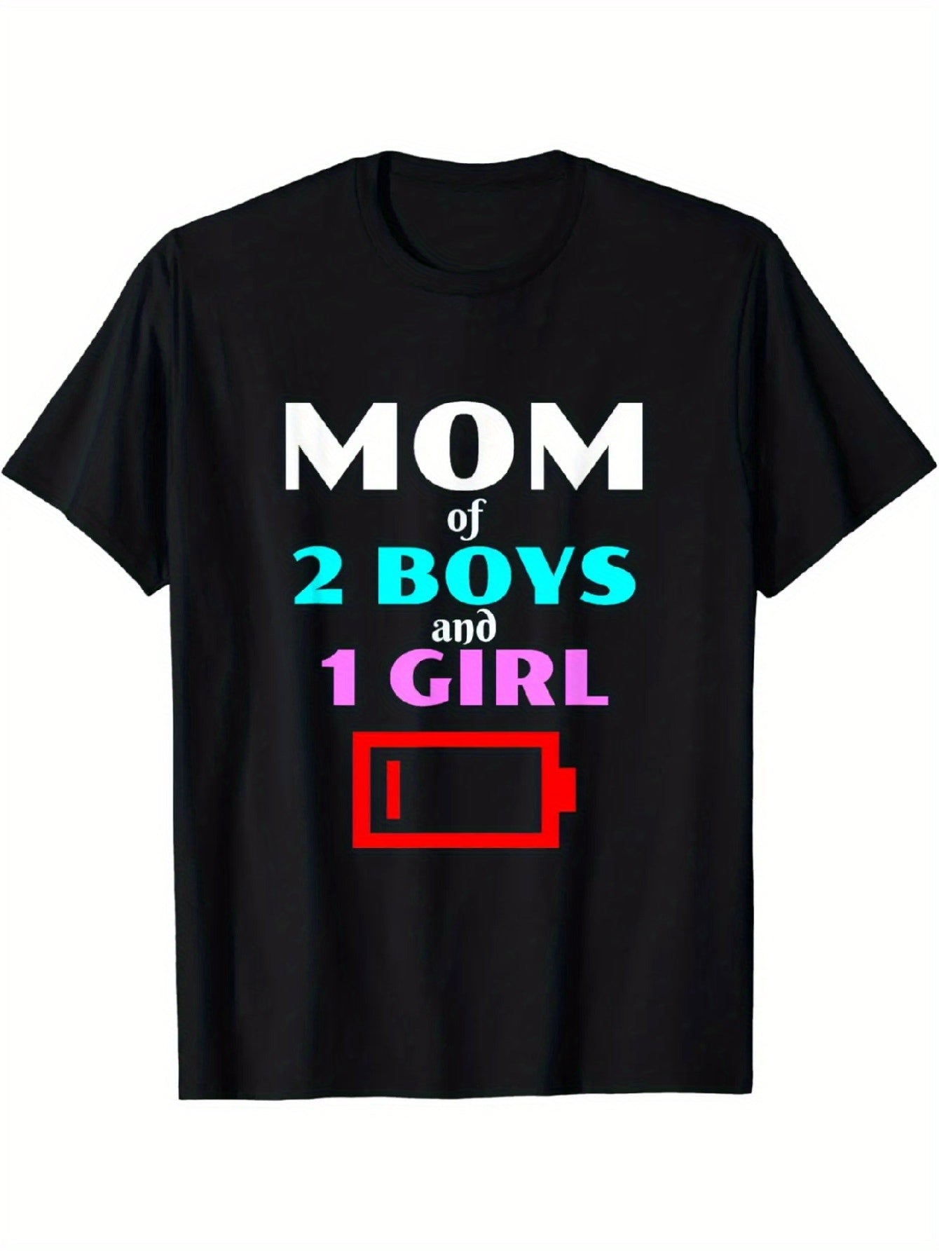 Mom of 2 Boys and 1 Girl T-Shirt Funny Low Battery Tired Mom Tee Parenting Humor Graphic Top