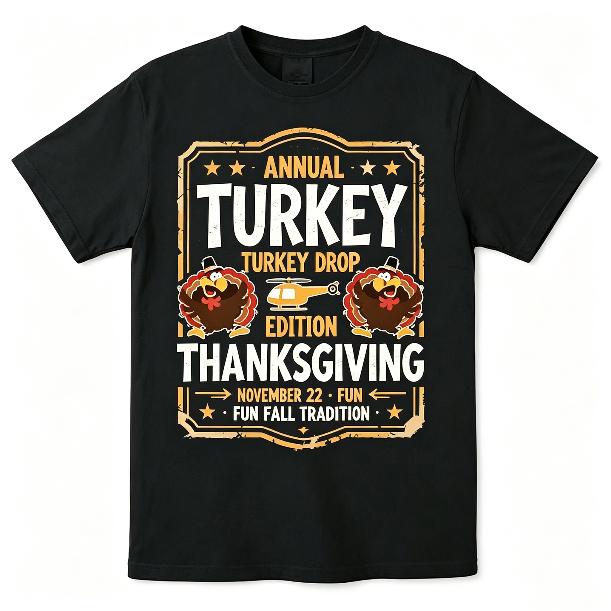 Men Women Vintage Thanksgiving Turkey Drop Graphic T‑Shirt, Cartoon Turkey & Helicopter Print Casual Crew Neck Black Short Sleeve Tee for Fall Holiday Wear