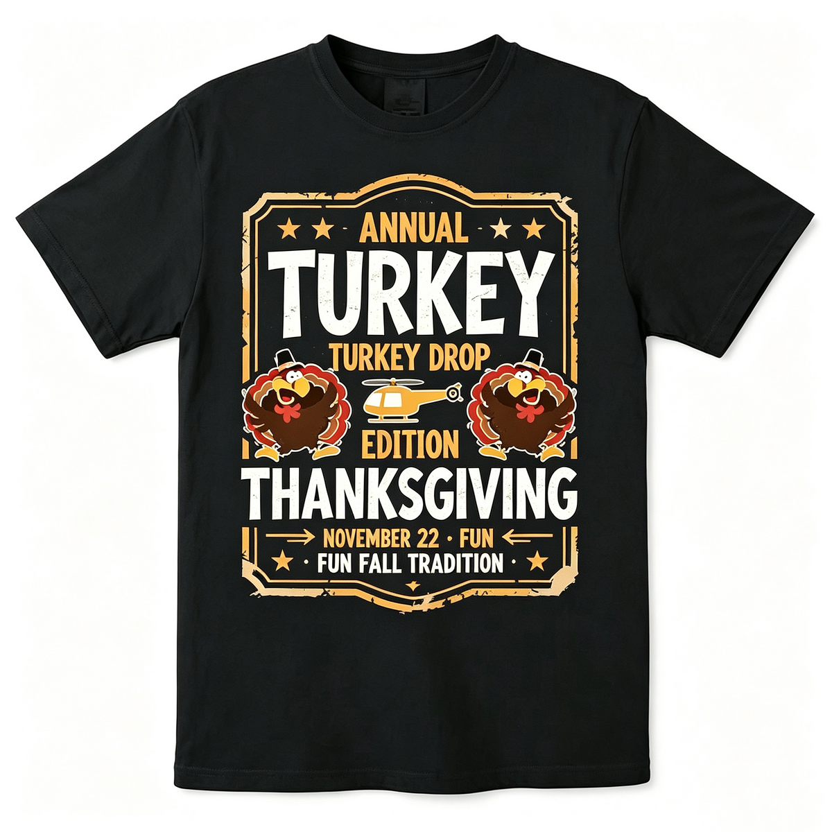 Men Women Vintage Thanksgiving Turkey Drop Graphic T‑Shirt, Cartoon Turkey & Helicopter Print Casual Crew Neck Black Short Sleeve Tee for Fall Holiday Wear