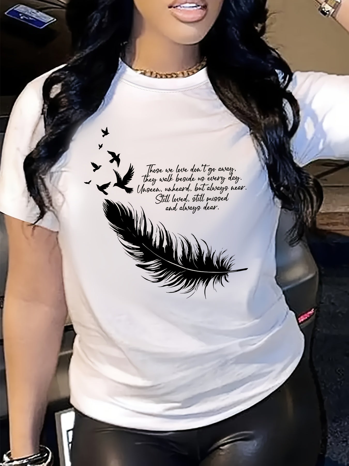Women Inspirational Memorial Tee, Those We Love Don’t Go Away Quote Feather Bird Graphic Short Sleeve Crew Neck T‑Shirt