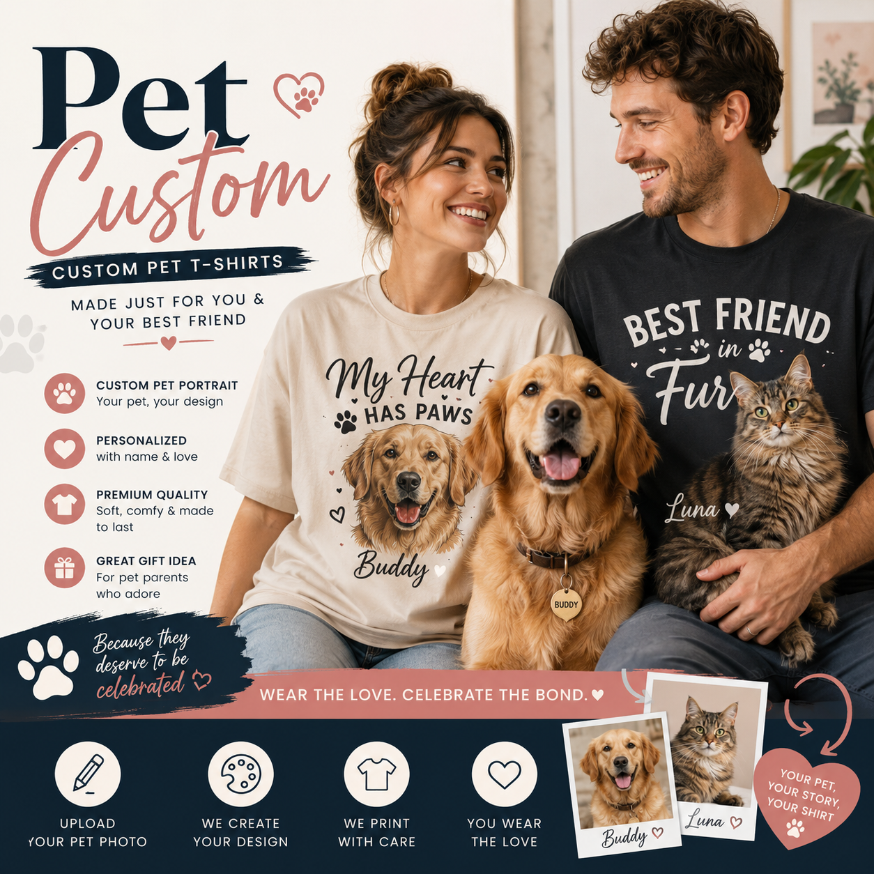 Personalized Pet T-Shirt Custom Dog Cat Photo Graphic Tee for Pet Mom and Dad