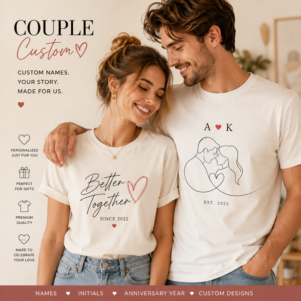 Personalized Couple T-Shirt Set Custom 2 Piece Matching Tees for Him and Her