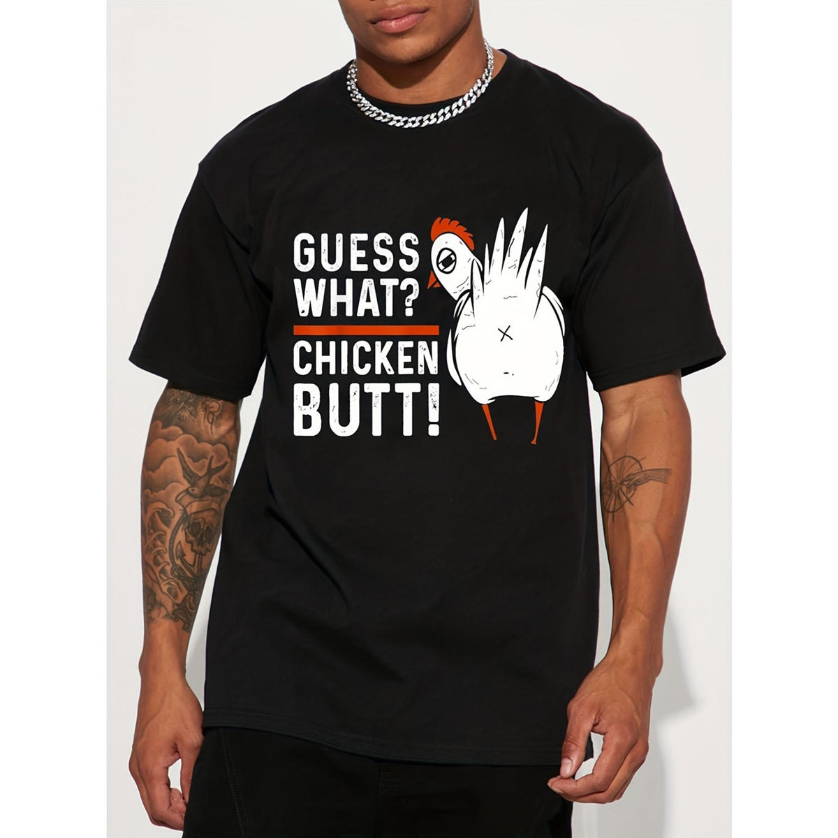 Men's "What Chicken Butt" Graphic T-Shirt, Funny Rooster Natural Cotton Shortsleeve Tops, Casual Summer Tee Gift, Sports