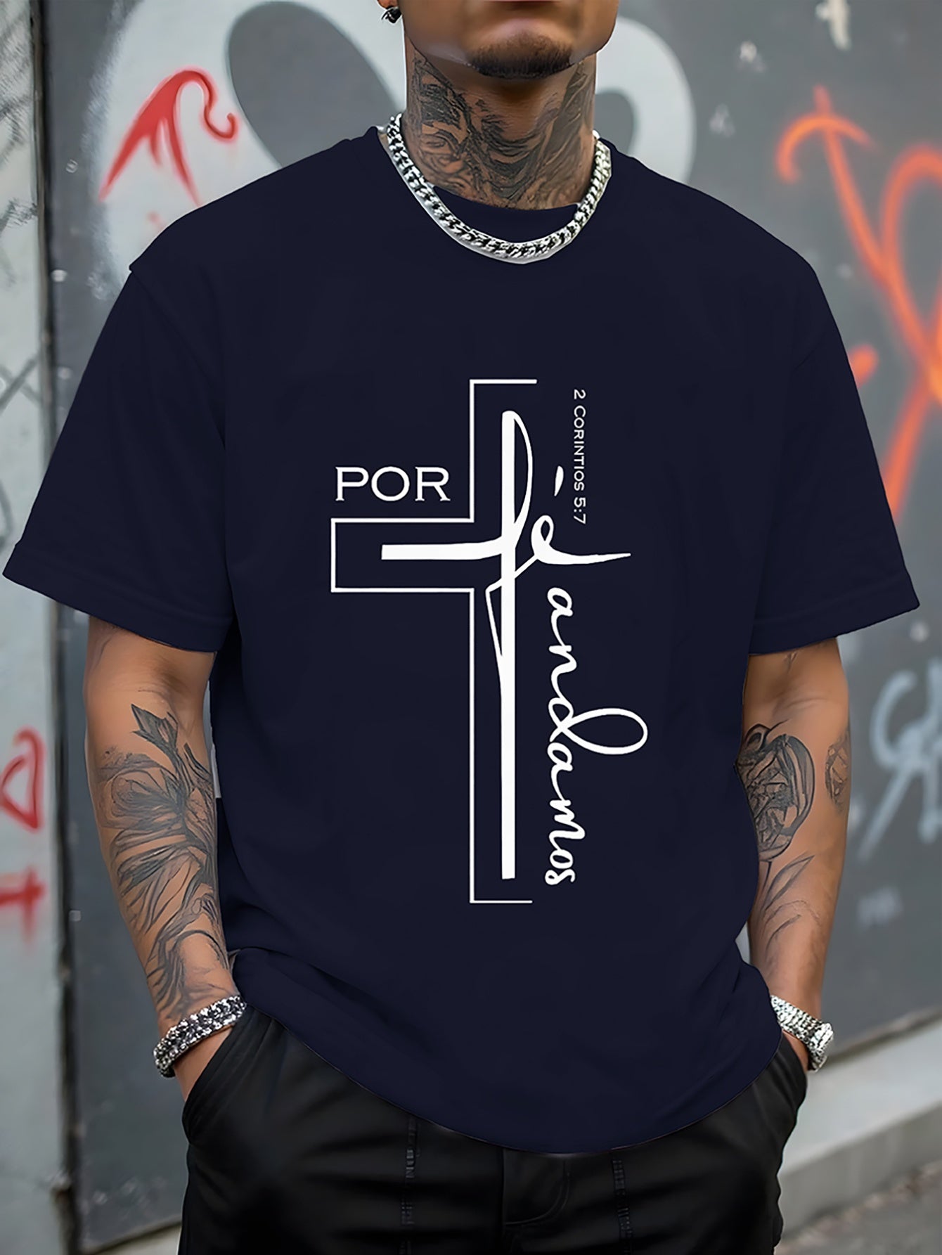 Spanish Christian T-Shirt Por Fe Andamos Cross Tee 2 Corinthians 5:7 Faith Shirt