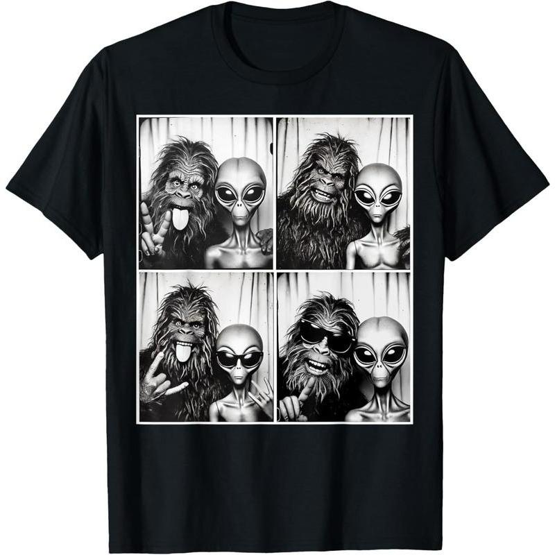 100% Cotton Funny Photobooth Photo Sasquatch UFO Bigfoot And Alien T-Shirt