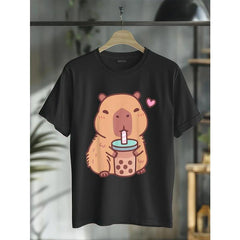100% Cotton Cute Capybara Kawaii Anime Drinking Bubble Tea Lover Girls T-Shirt Casual Short Sleeve Shirt