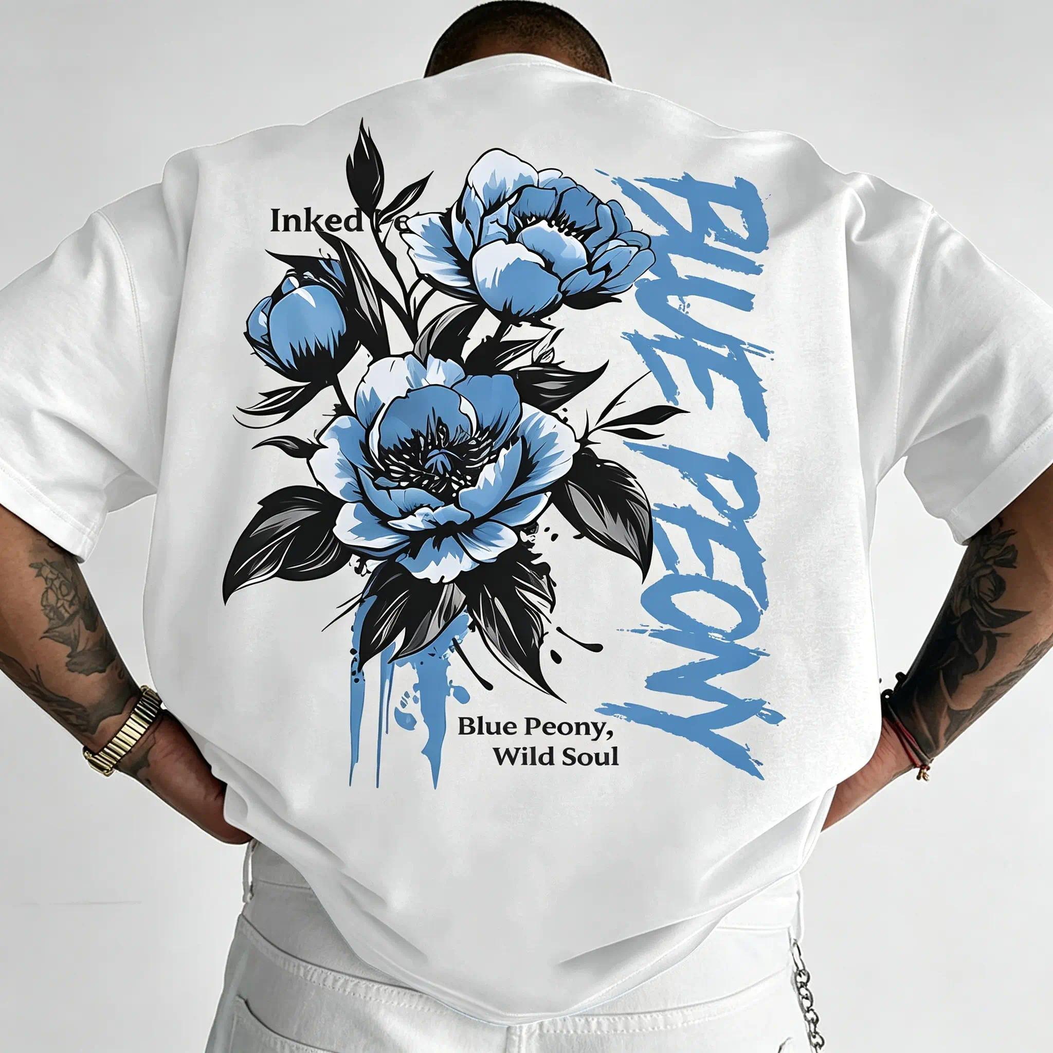 [Men's T-Shirt] New Men's T-Shirt, American Street Style Blue Peony Print T-Shirt