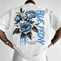 [Men's T-Shirt] New Men's T-Shirt, American Street Style Blue Peony Print T-Shirt