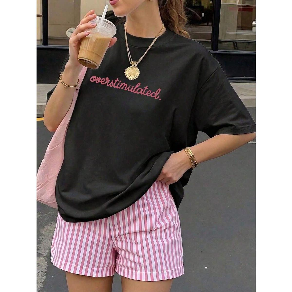 Women's Casual Short Sleeve Round Neck Printed Pattern Tee, Summer Top For Women
