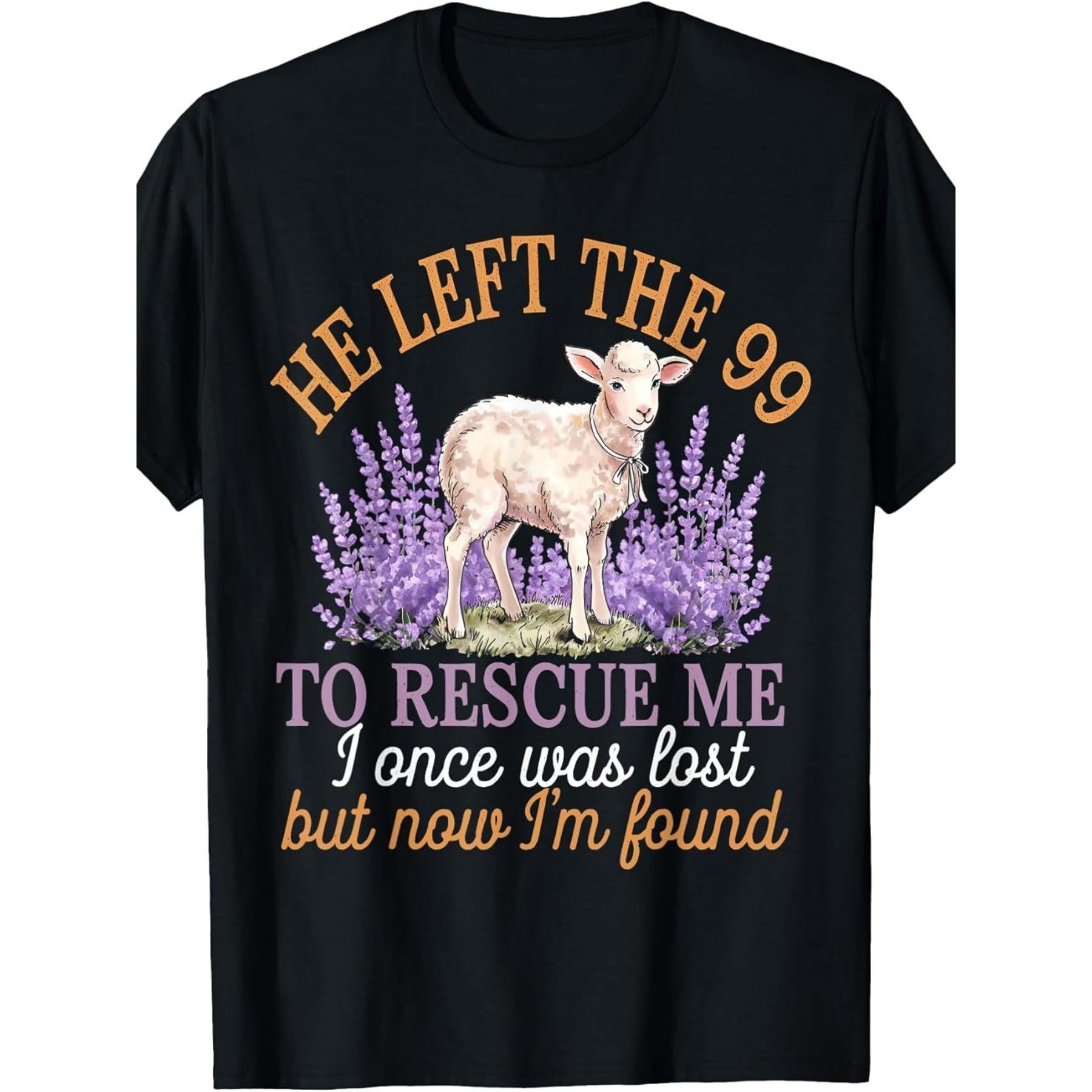 He Left the 99 to Rescue Me Christian T-Shirt - Lamb & Flowers Faith Graphic Tee, Unisex Casual Top