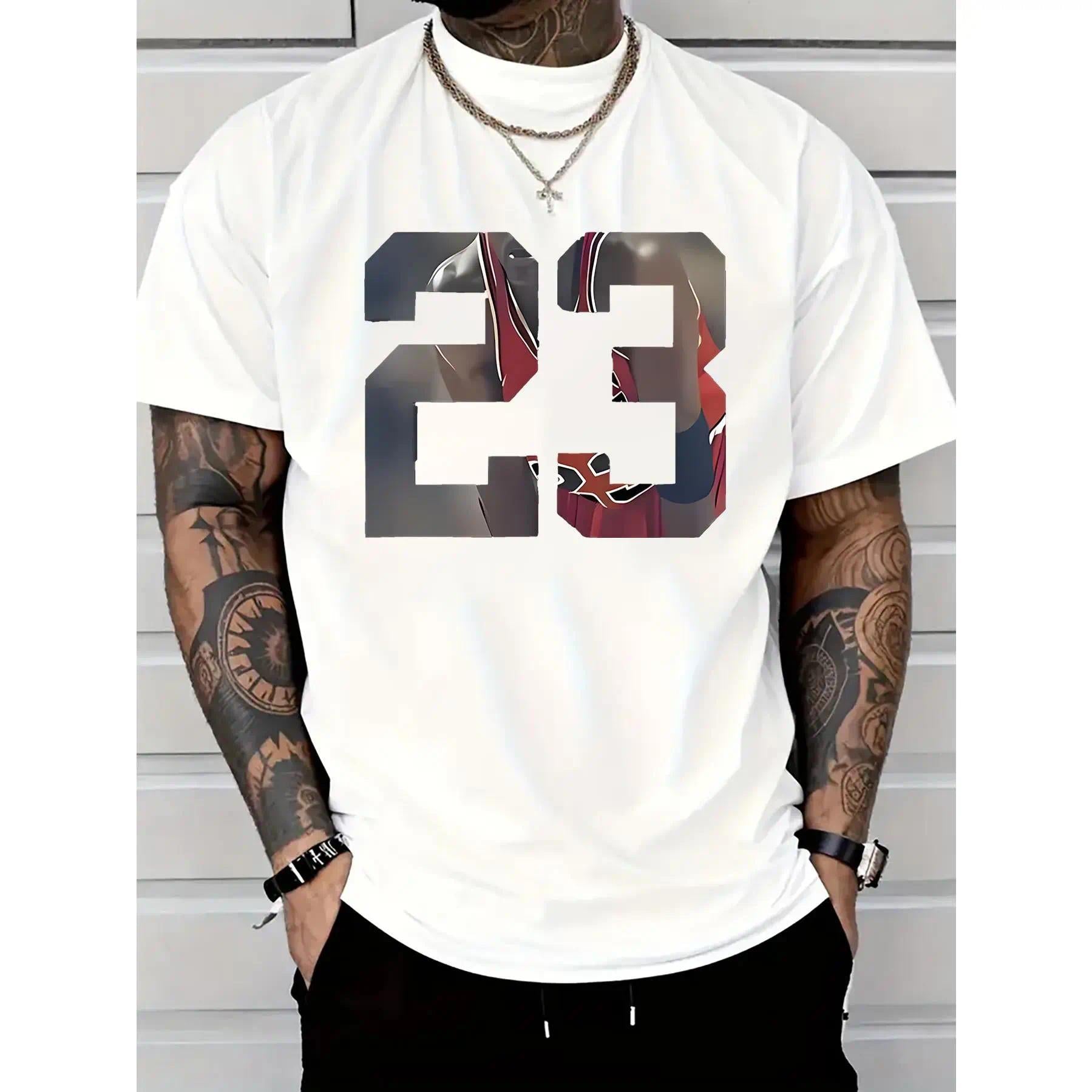 Men'S 23 Graphic Printed T-Shirt, Casual Short-Sleeved Round Neck T-Shirt, Cotton, Round Neck, Casual And Fashionable, Trendy And Versatile, Comfortable And Breathable, Machine Washable, Suitable For All Seasons
