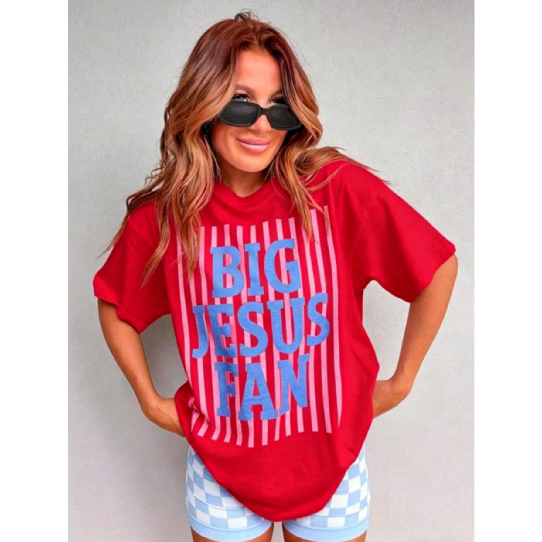 Big Jesus Fan Pink Vertical Stripe Print Women Christian Faith Casual Graphic T-Shirt