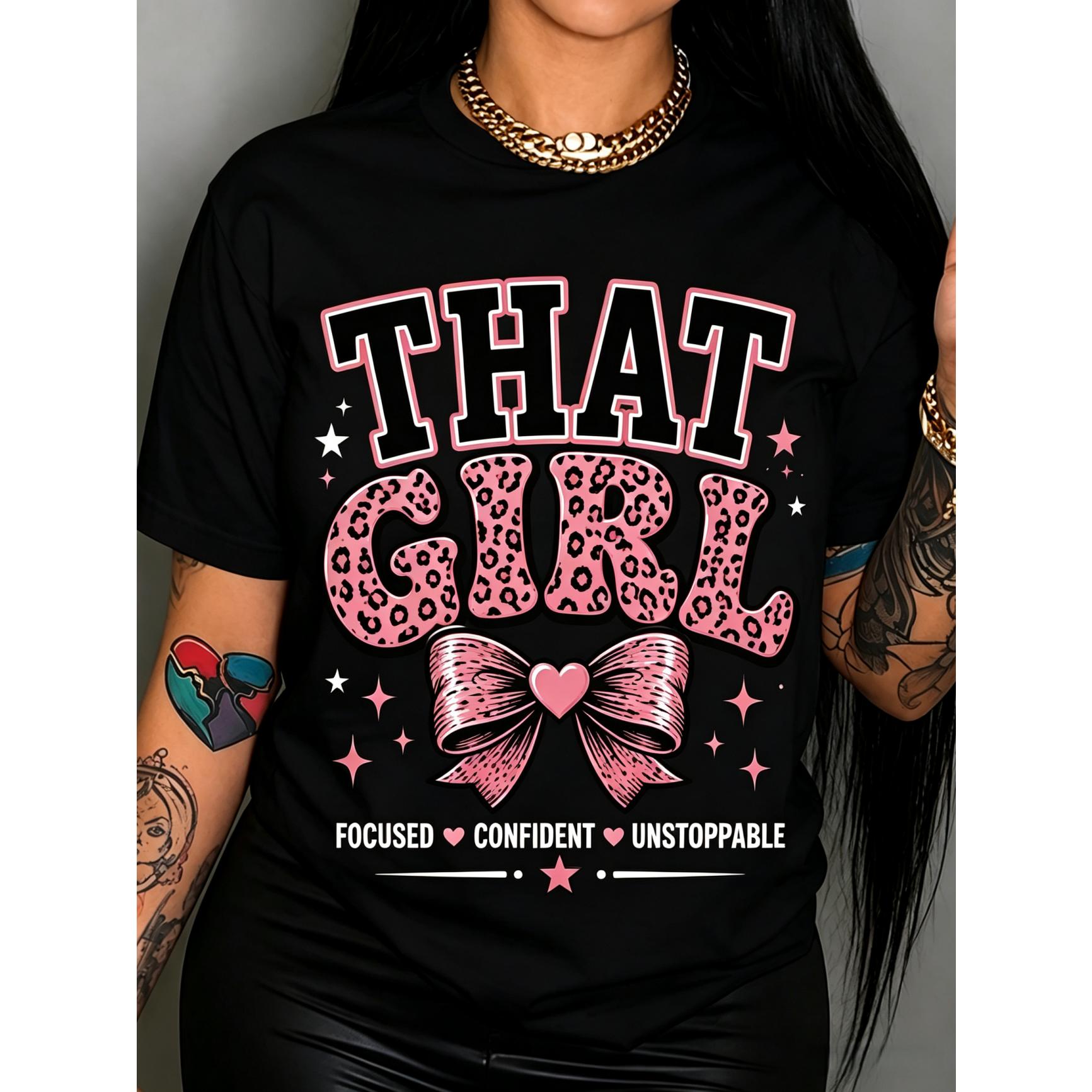 Women’s Crew Neck Short Sleeve T-Shirt, That Girl Pink Leopard Letter Big Bow Heart Star Print Focused Confident Unstoppable Motivational Y2K Girly Casual Graphic Tee