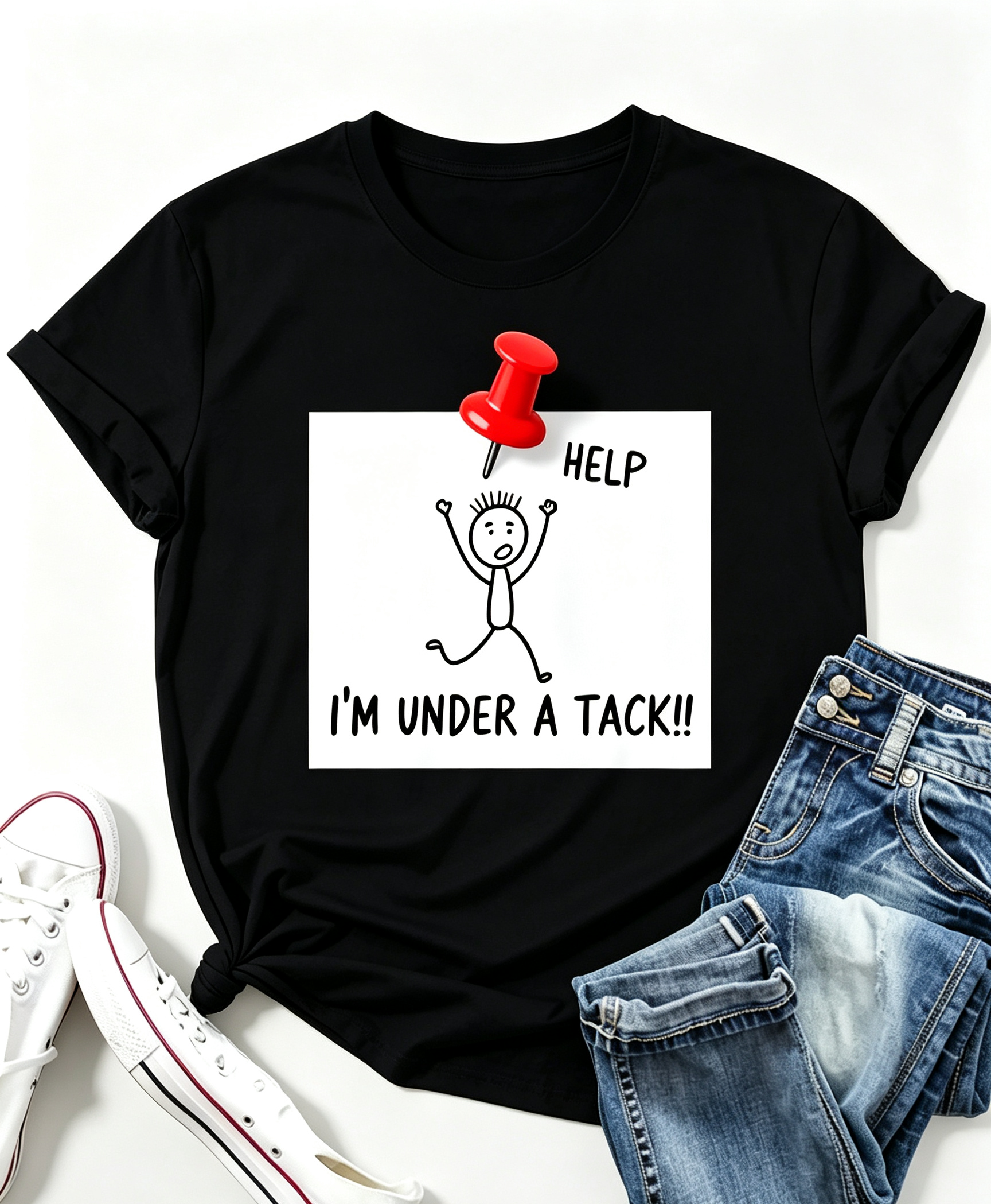 Men's Funny Stickman Graphic TShirt with Help I'm Under a Tack Design Soft