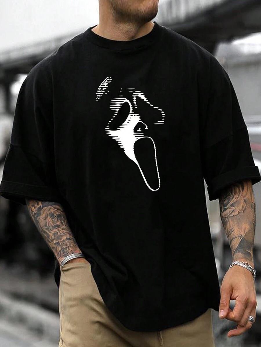 Men's Casual Streetwear T-Shirt with Ghost Face Graphic, Colorblock Short Sleeve Polyester Top, Regular Fit Crew Neck, Dry Cleanable, Dry Clean, Machine Washable, Cute, Round