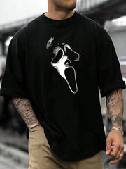 Men's Casual Streetwear T-Shirt with Ghost Face Graphic, Colorblock Short Sleeve Polyester Top, Regular Fit Crew Neck, Dry Cleanable, Dry Clean, Machine Washable, Cute, Round