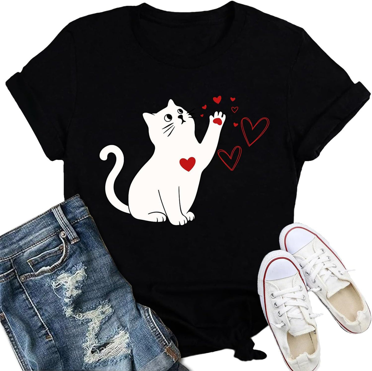 IFQ Valentines Day Shirts Women Cute Cat Pet Lover T-Shirt Love Heart Valentine Tee Tops