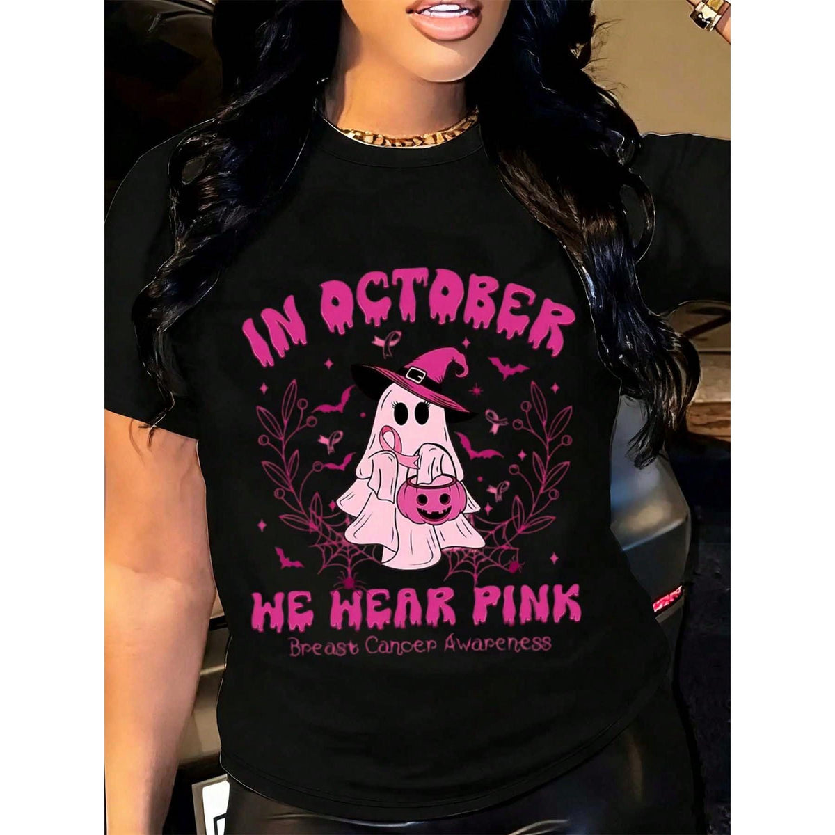Halloween Women's T-Shirt Breast Cancer Awareness Shirt In October We Hear Pink Ghost Witch Hat Pumpkin Bucket Print Casual Daily Wear Top