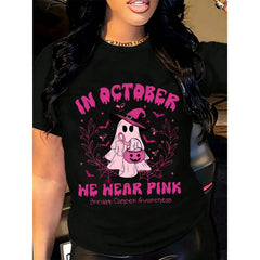 Halloween Women's T-Shirt Breast Cancer Awareness Shirt In October We Hear Pink Ghost Witch Hat Pumpkin Bucket Print Casual Daily Wear Top