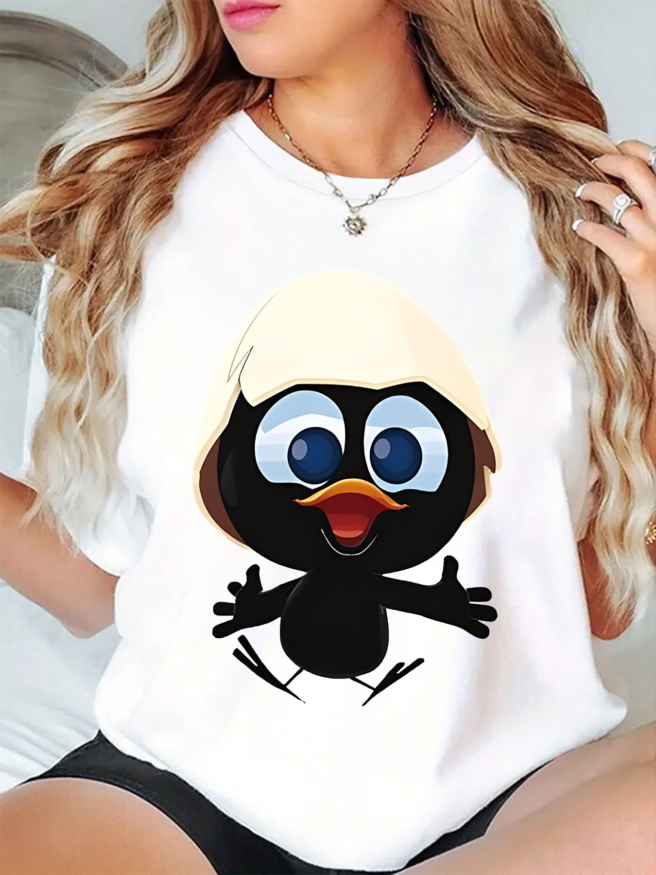 Women's Cute Duckling Eggshell Print T-Shirt Round Neck Casual & Wear with Duck Swimming Design, 100%Cotton Women Clothing