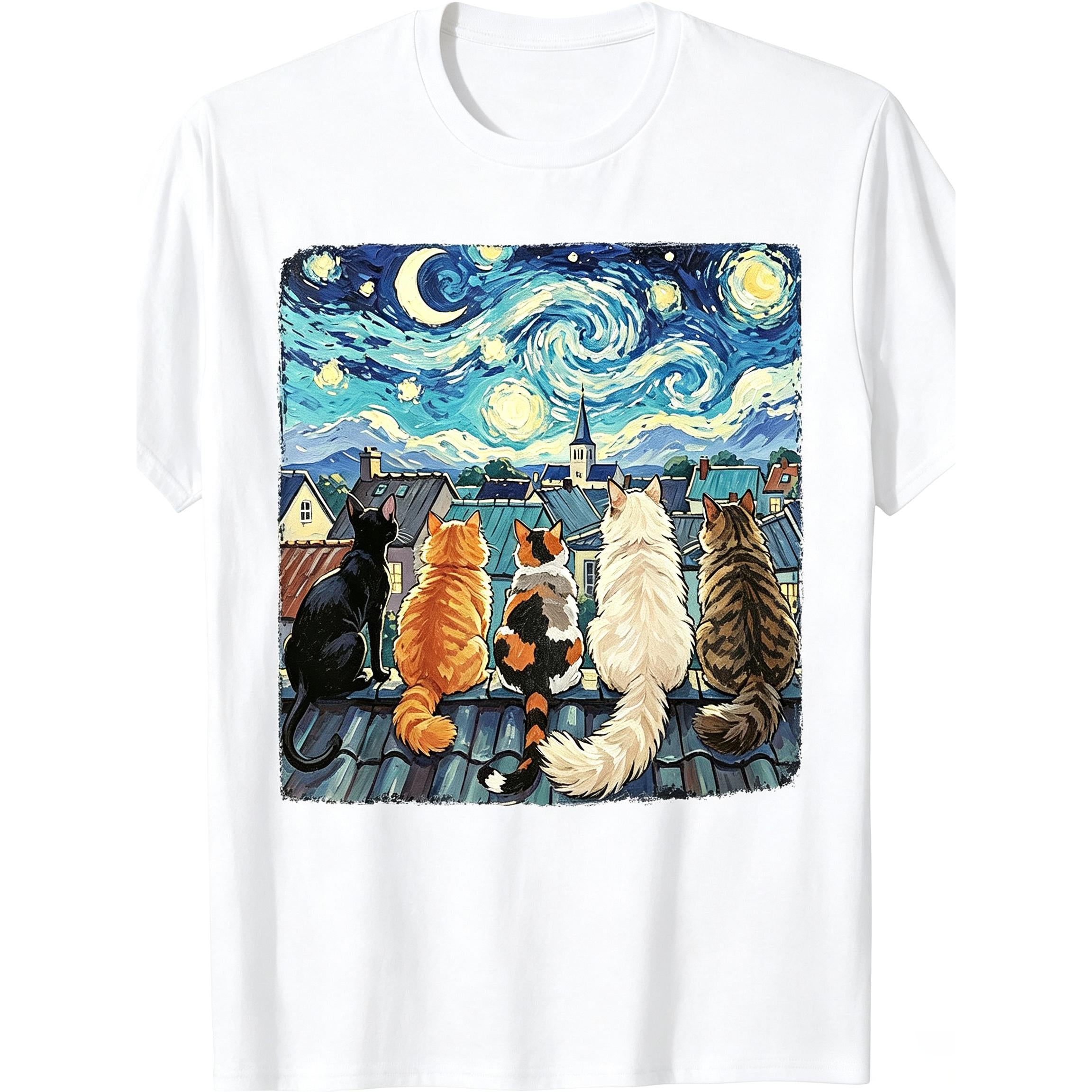 Funny Cat Starry Night Van Gogh Cats Rooftop Scene Feline Funny Crew Neck Tee with Stylish Print Casual Travel Clothing for Fashion Enthusiasts Ideal