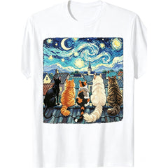 Funny Cat Starry Night Van Gogh Cats Rooftop Scene Feline Funny Crew Neck Tee with Stylish Print Casual Travel Clothing for Fashion Enthusiasts Ideal