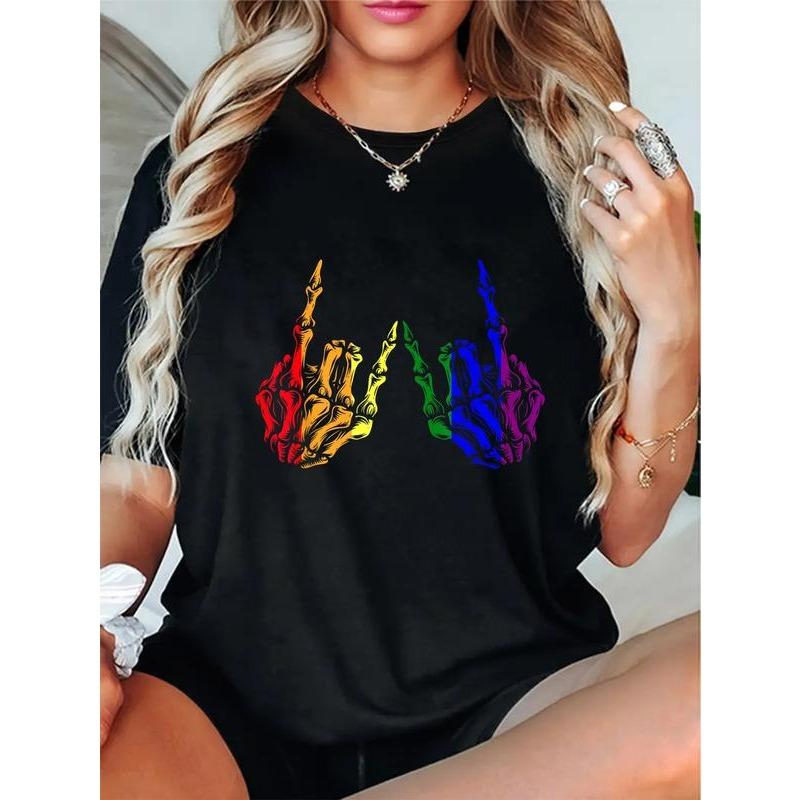 100% Cotton Skeleton Rock Hand LGBT-Q Cool Rainbow Flag Gay Pride Ally T-Shirt